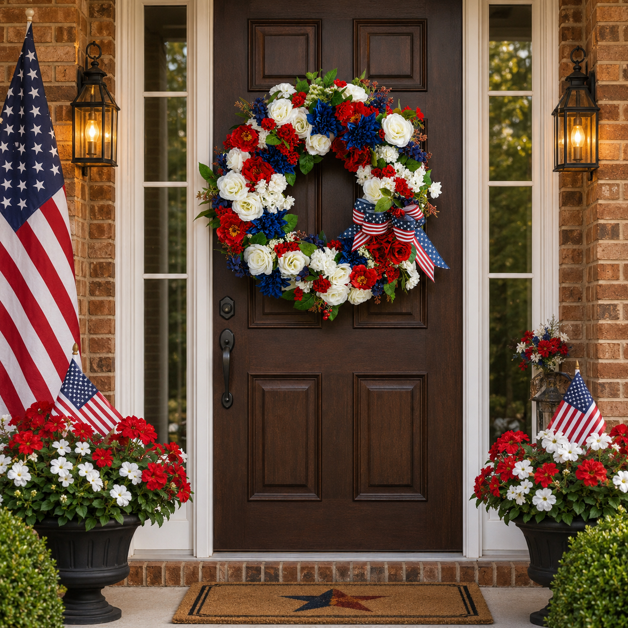 Patriotic 4th of July Wreath  Handmade Red, White & Blue Flower Door Wreath with American Flag Bow for Independence Day, Memorial Day, Veterans Day