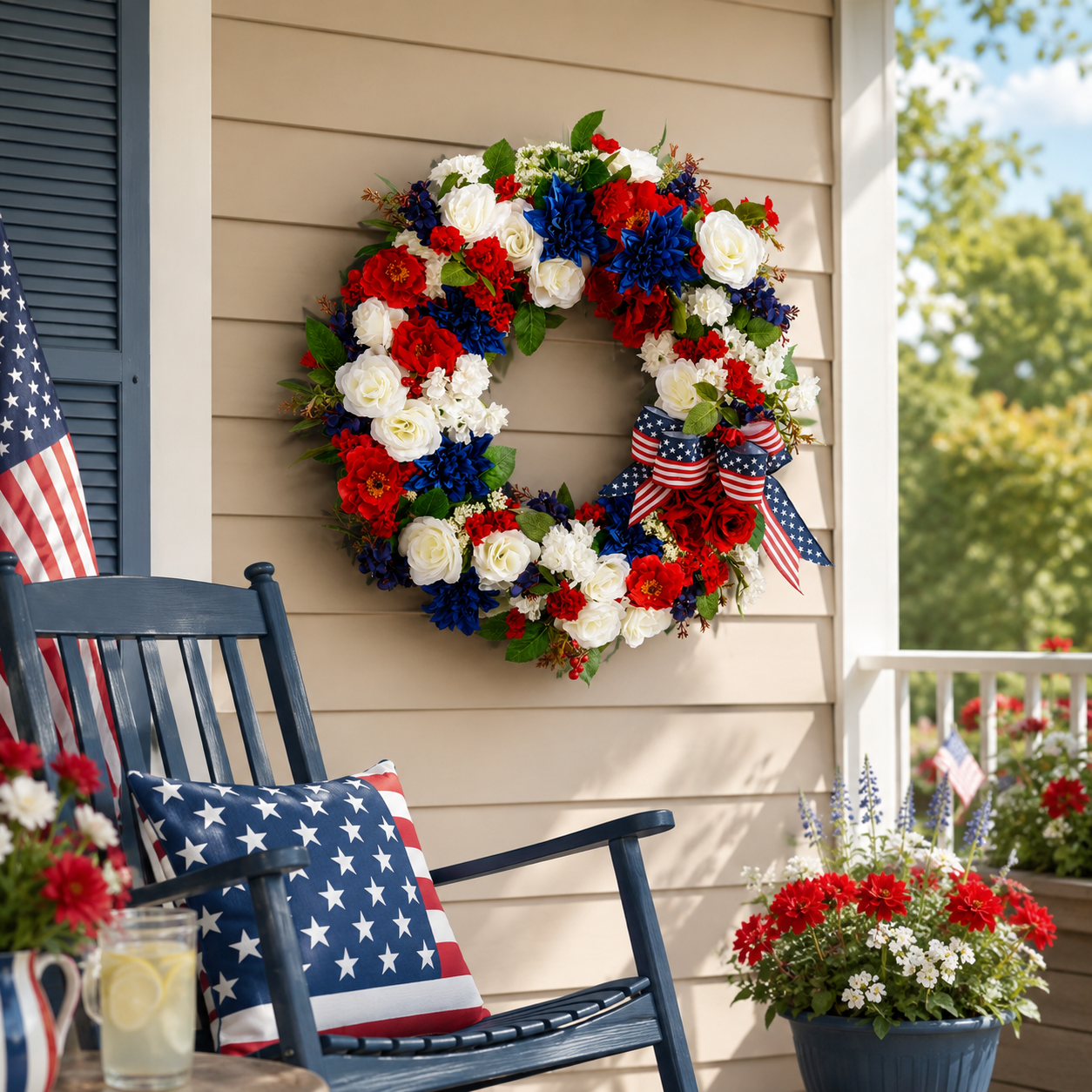 Patriotic 4th of July Wreath  Handmade Red, White & Blue Flower Door Wreath with American Flag Bow for Independence Day, Memorial Day, Veterans Day