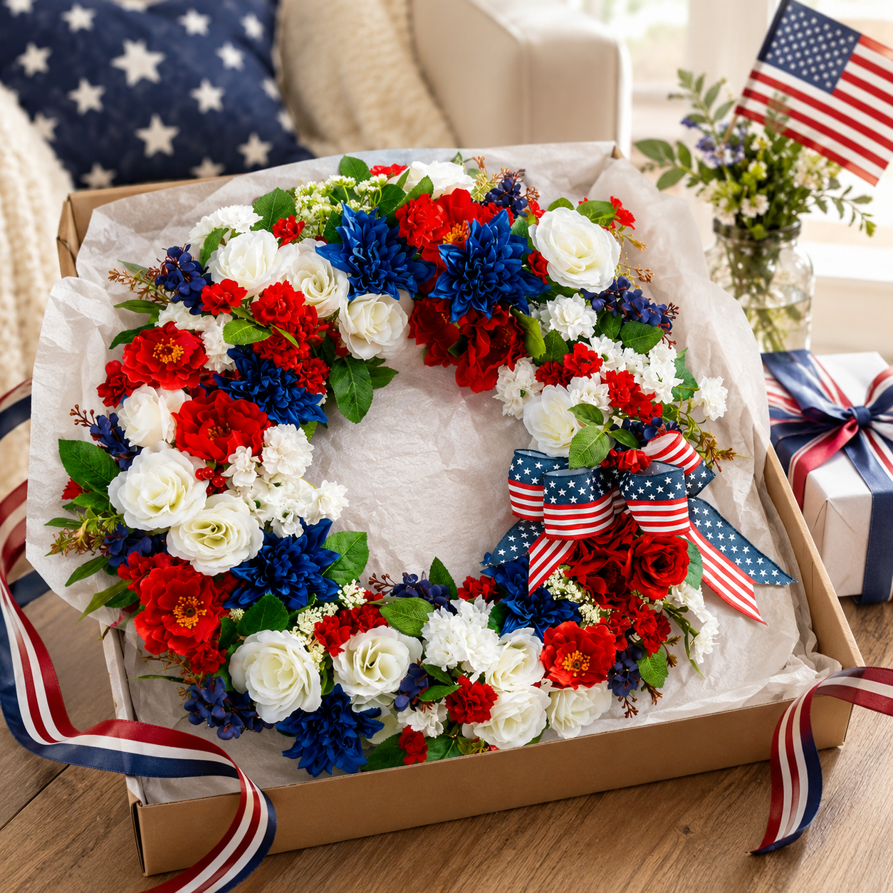 Patriotic 4th of July Wreath  Handmade Red, White & Blue Flower Door Wreath with American Flag Bow for Independence Day, Memorial Day, Veterans Day