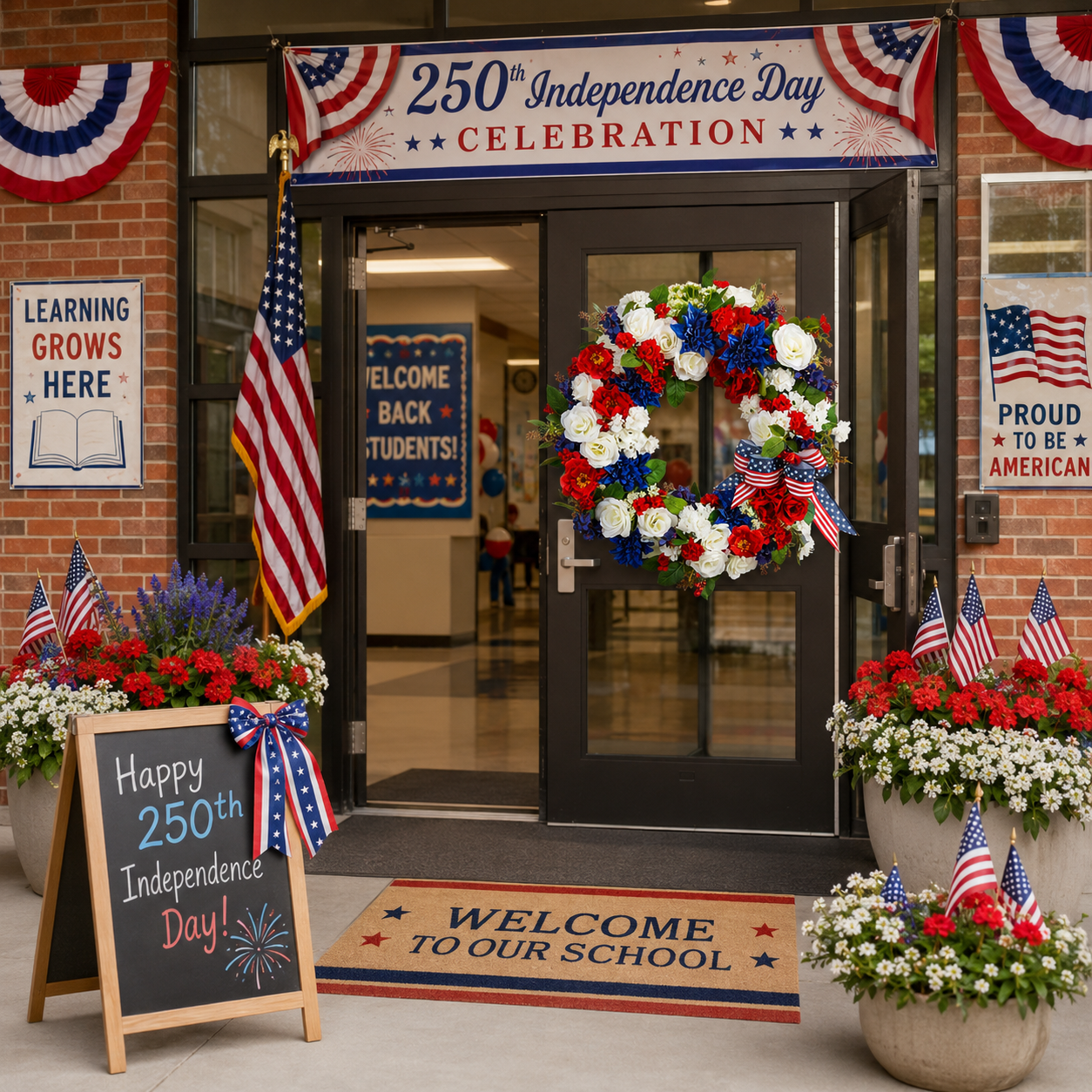 Patriotic 4th of July Wreath  Handmade Red, White & Blue Flower Door Wreath with American Flag Bow for Independence Day, Memorial Day, Veterans Day