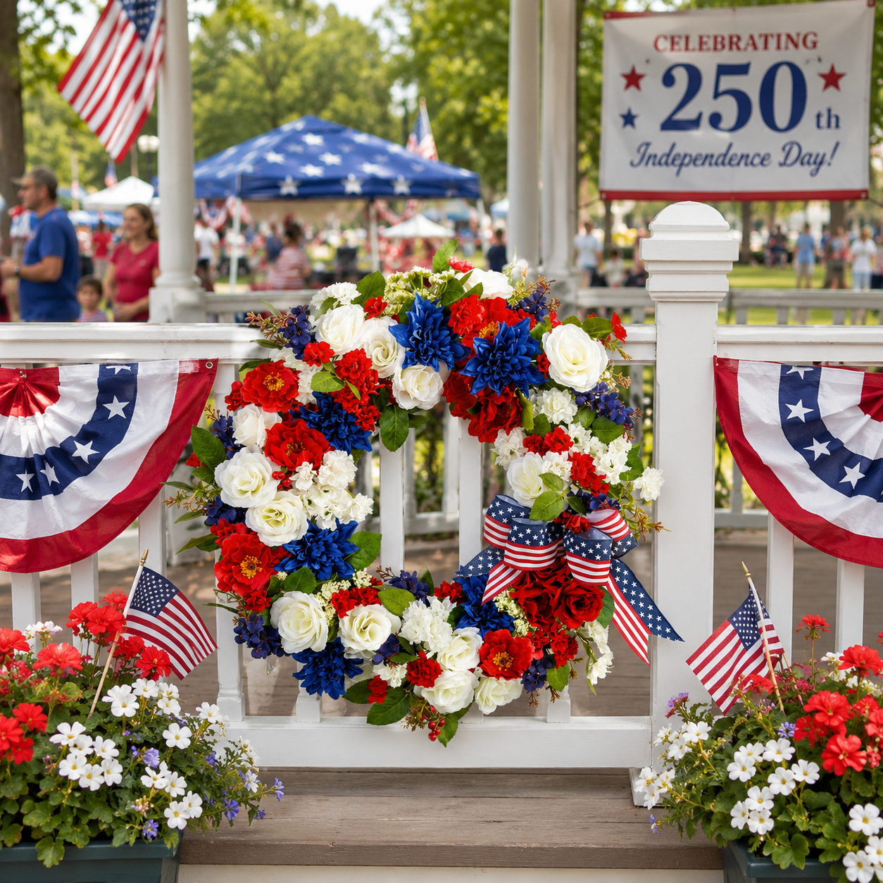 Patriotic 4th of July Wreath  Handmade Red, White & Blue Flower Door Wreath with American Flag Bow for Independence Day, Memorial Day, Veterans Day