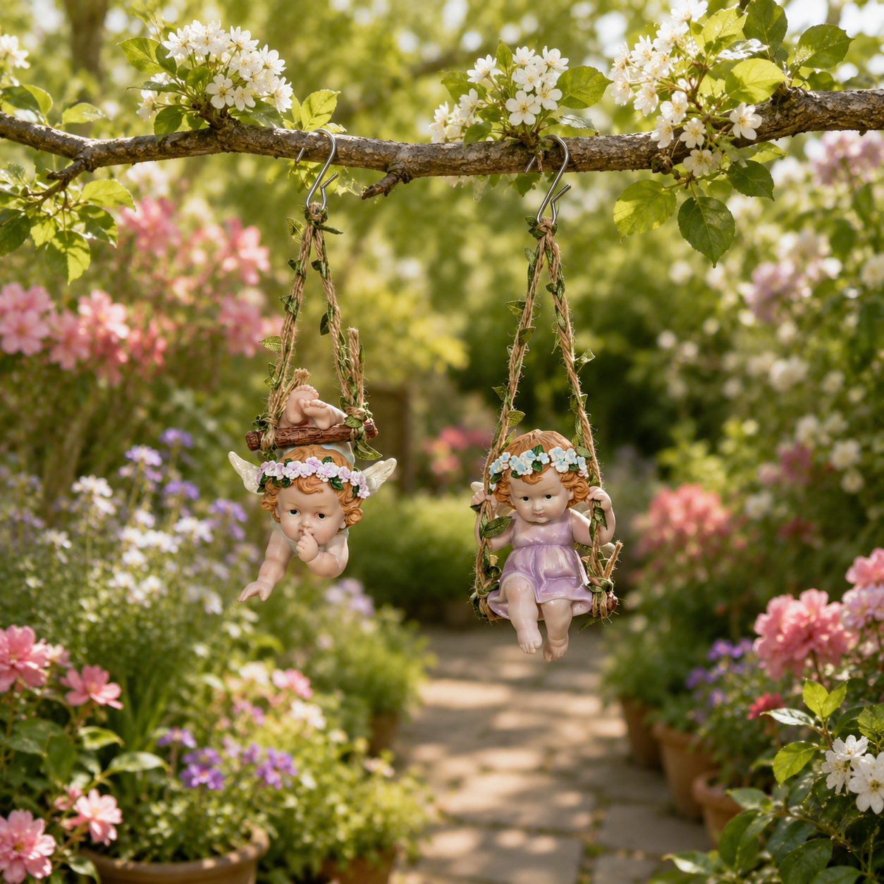 Hanging Angel Figurines – Set of 2 Cute Swinging Garden Angels