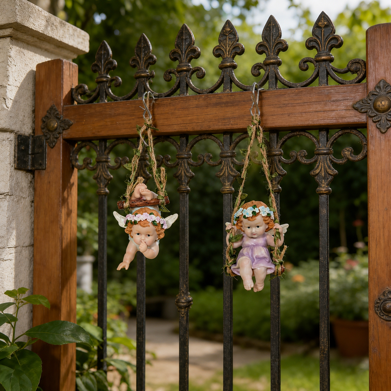 Hanging Angel Figurines – Set of 2 Cute Swinging Garden Angels
