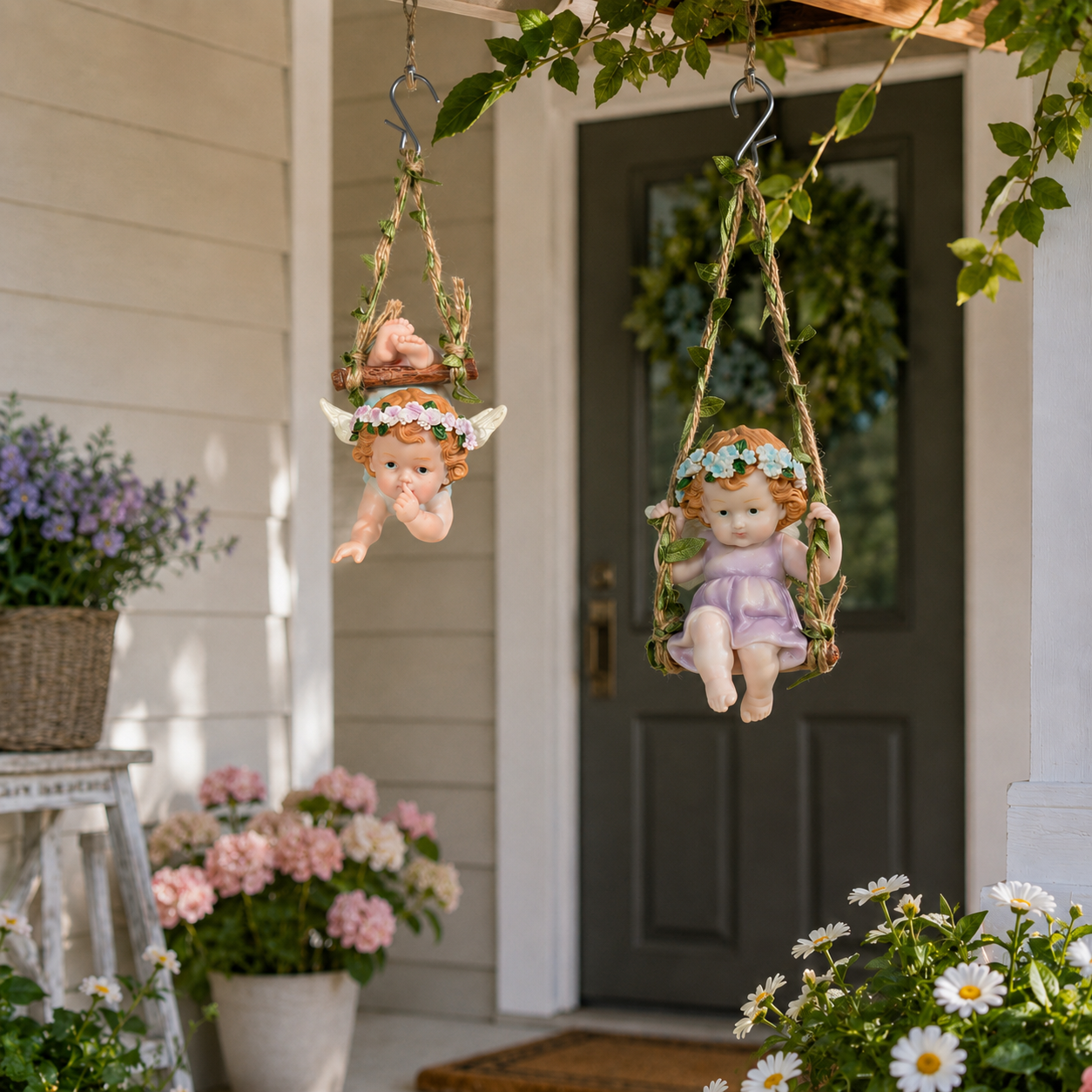 Hanging Angel Figurines – Set of 2 Cute Swinging Garden Angels