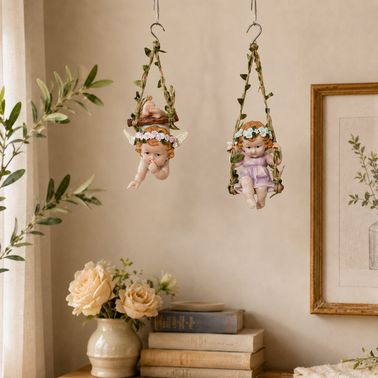 Hanging Angel Figurines – Set of 2 Cute Swinging Garden Angels