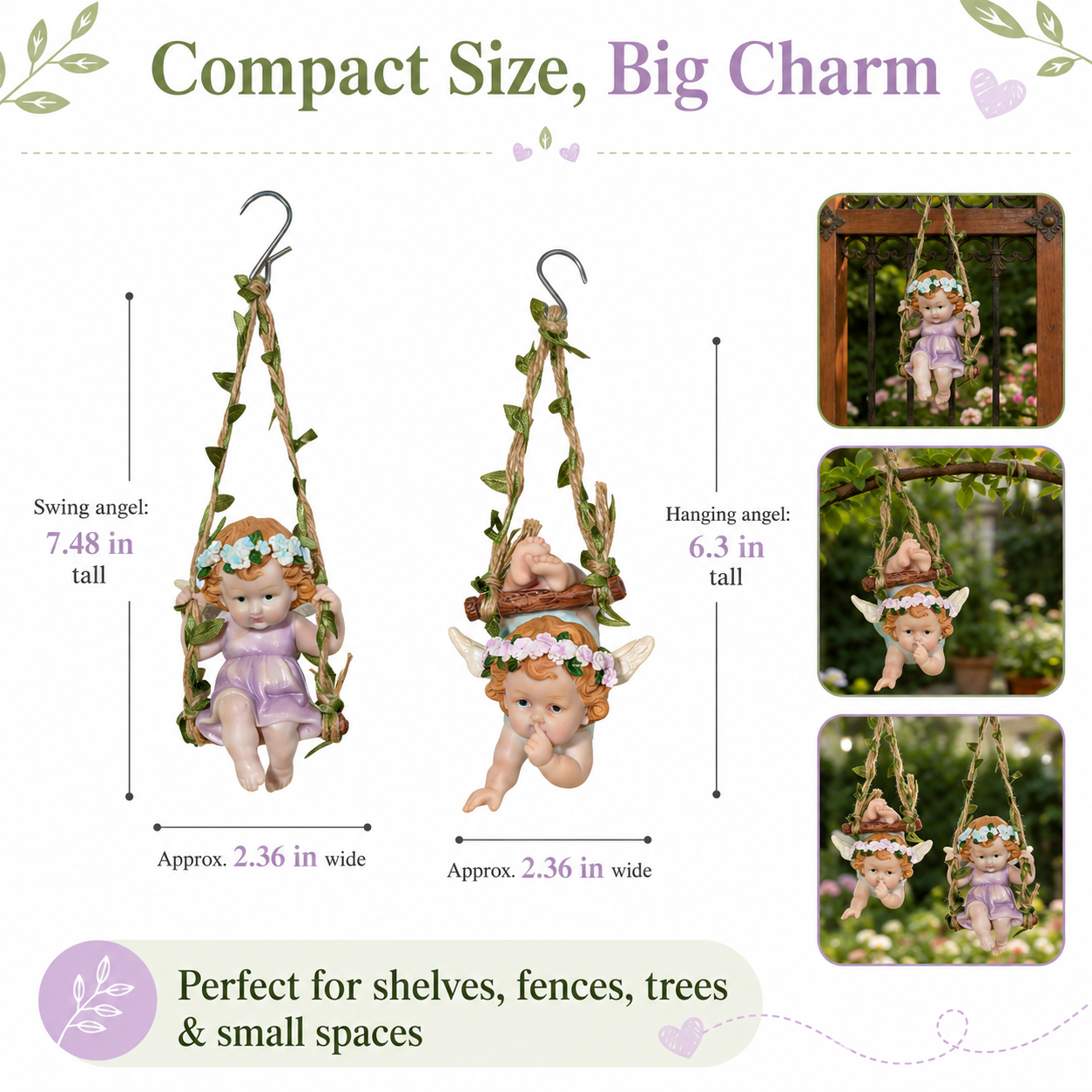 Hanging Angel Figurines – Set of 2 Cute Swinging Garden Angels