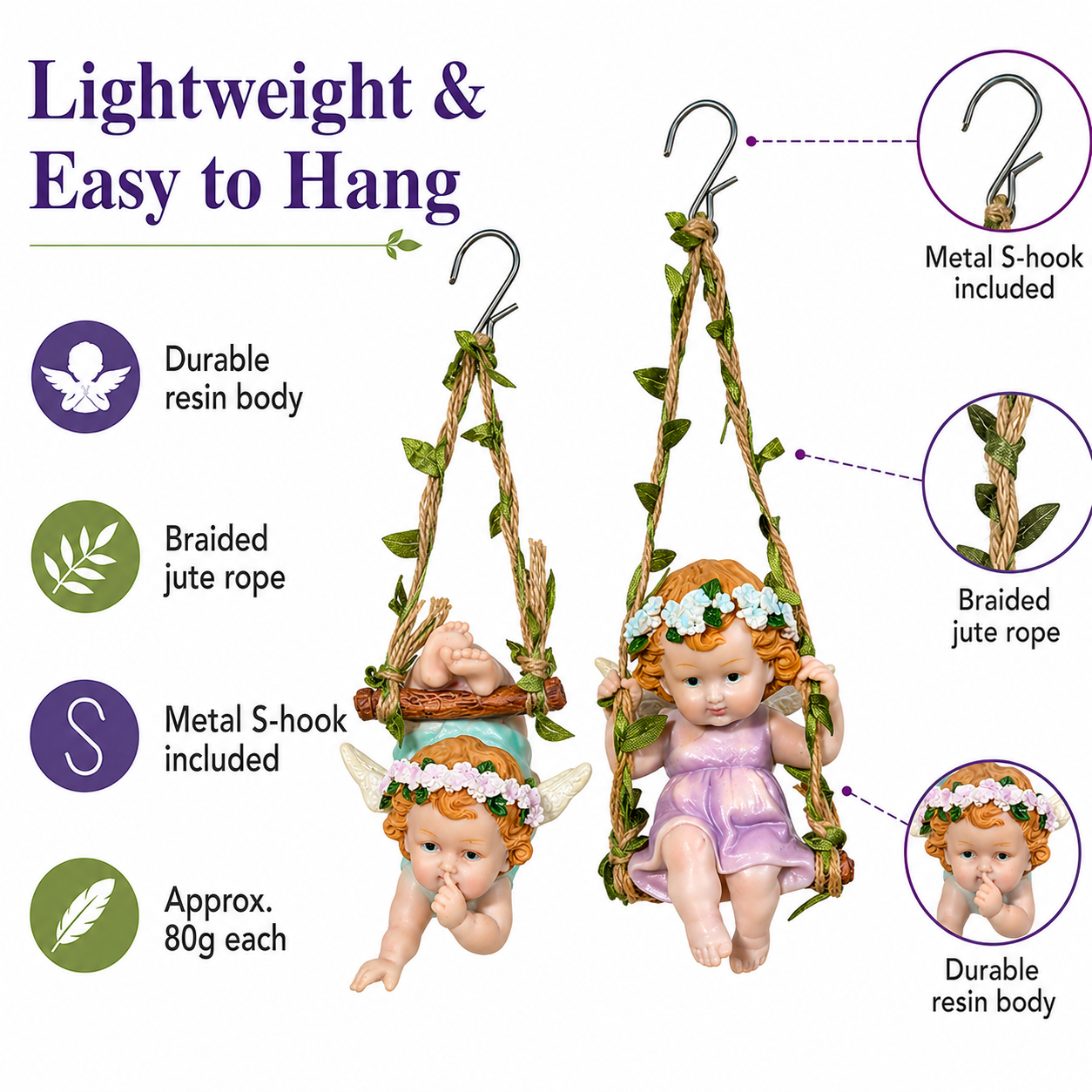 Hanging Angel Figurines – Set of 2 Cute Swinging Garden Angels