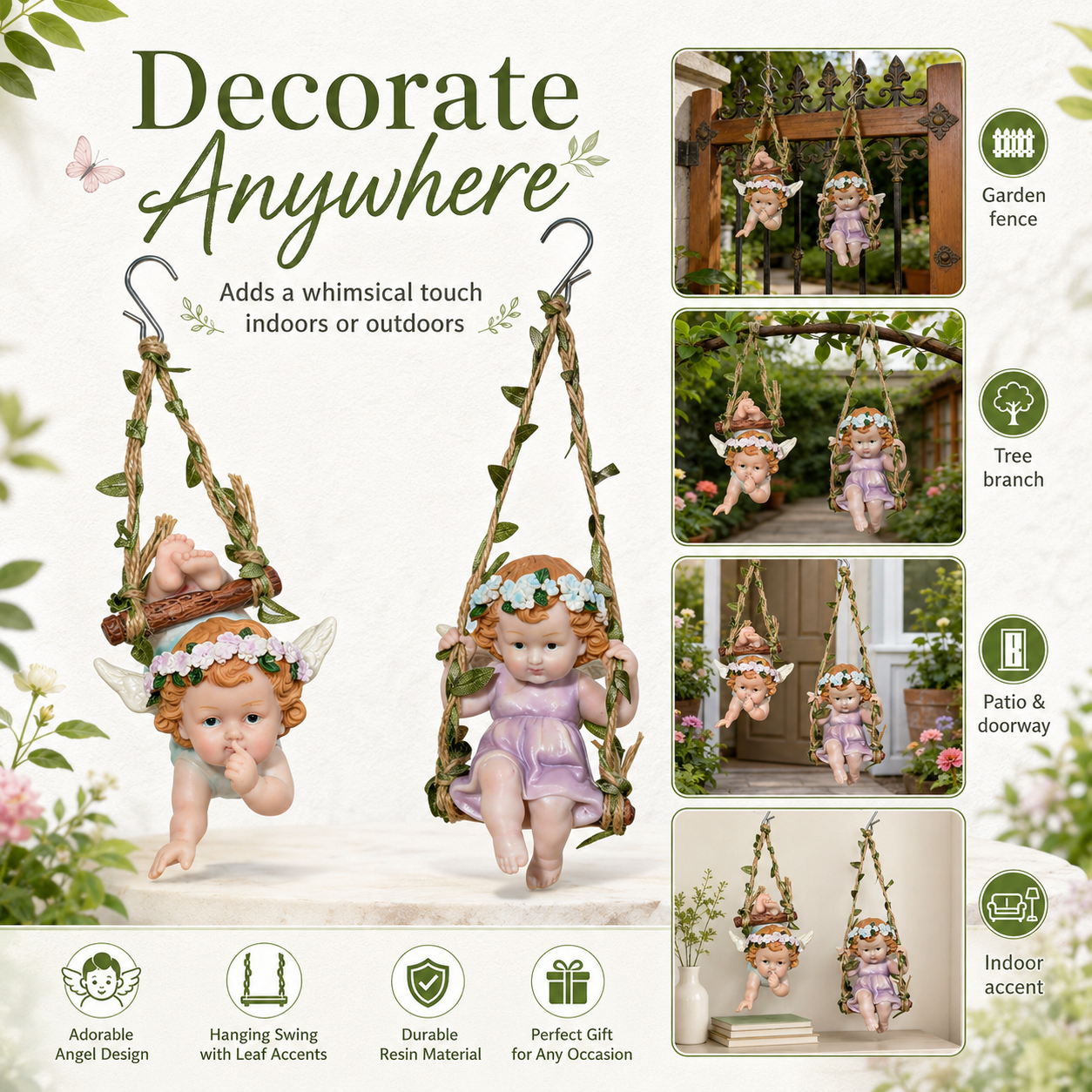 Hanging Angel Figurines – Set of 2 Cute Swinging Garden Angels