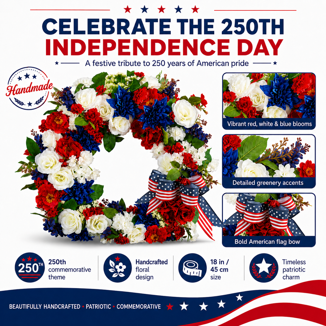 Patriotic 4th of July Wreath  Handmade Red, White & Blue Flower Door Wreath with American Flag Bow for Independence Day, Memorial Day, Veterans Day