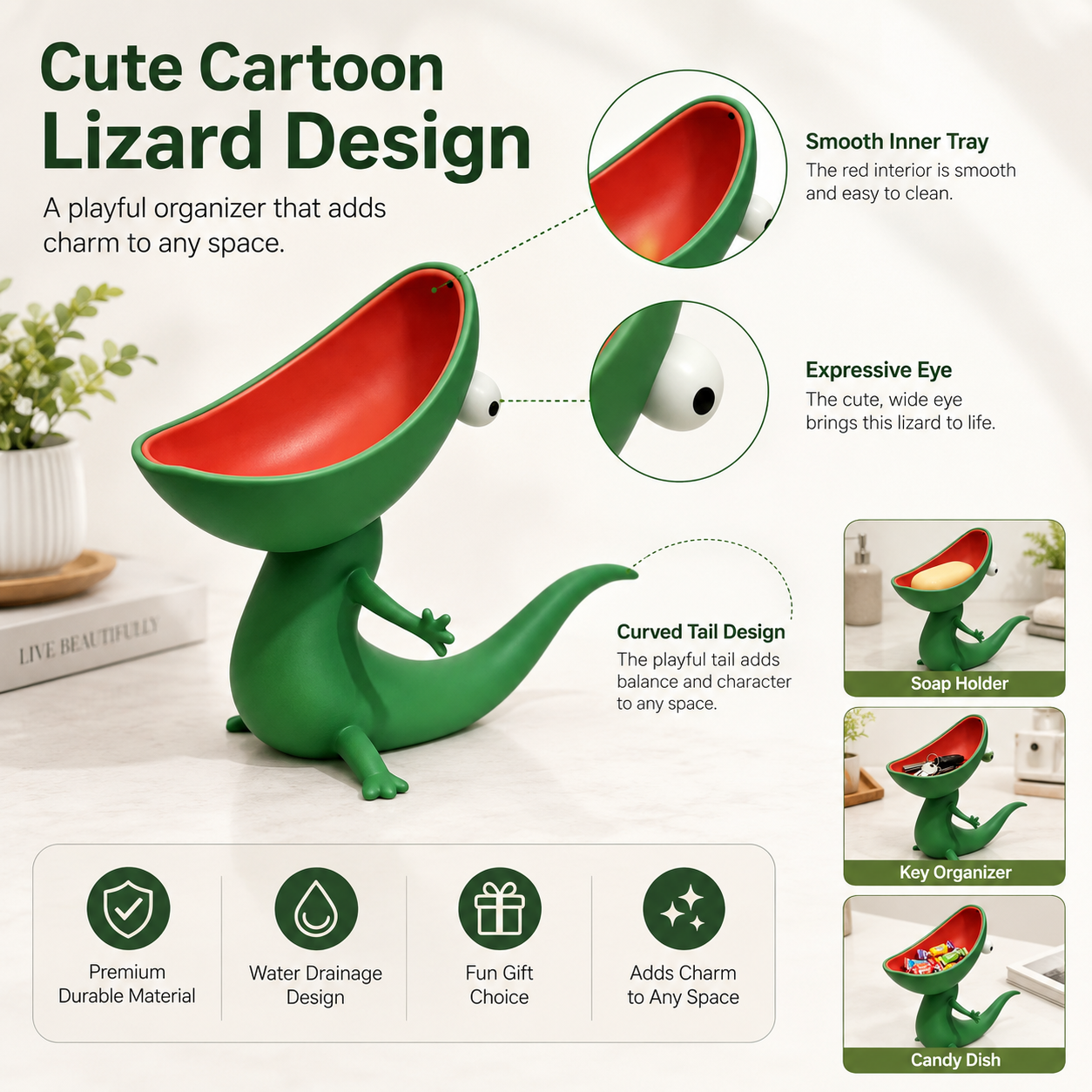 Fun Lizard Desktop Organizer / Soap Holder – Cartoon Lizard Design for Keys, Candy, or Small Items