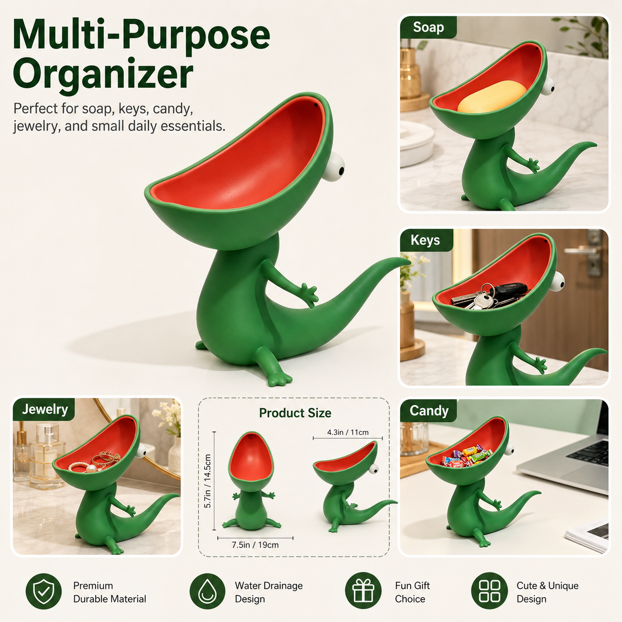 Fun Lizard Desktop Organizer / Soap Holder – Cartoon Lizard Design for Keys, Candy, or Small Items