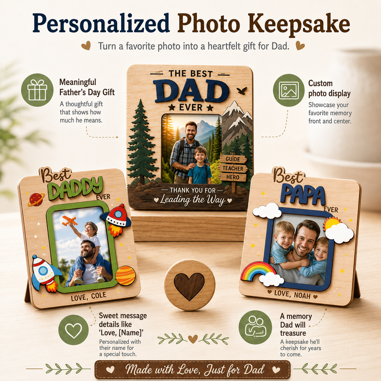 Father’s Day Wooden Photo Frame – Best Dad Series (Classic 3D Carved & Fun Cartoon Style)