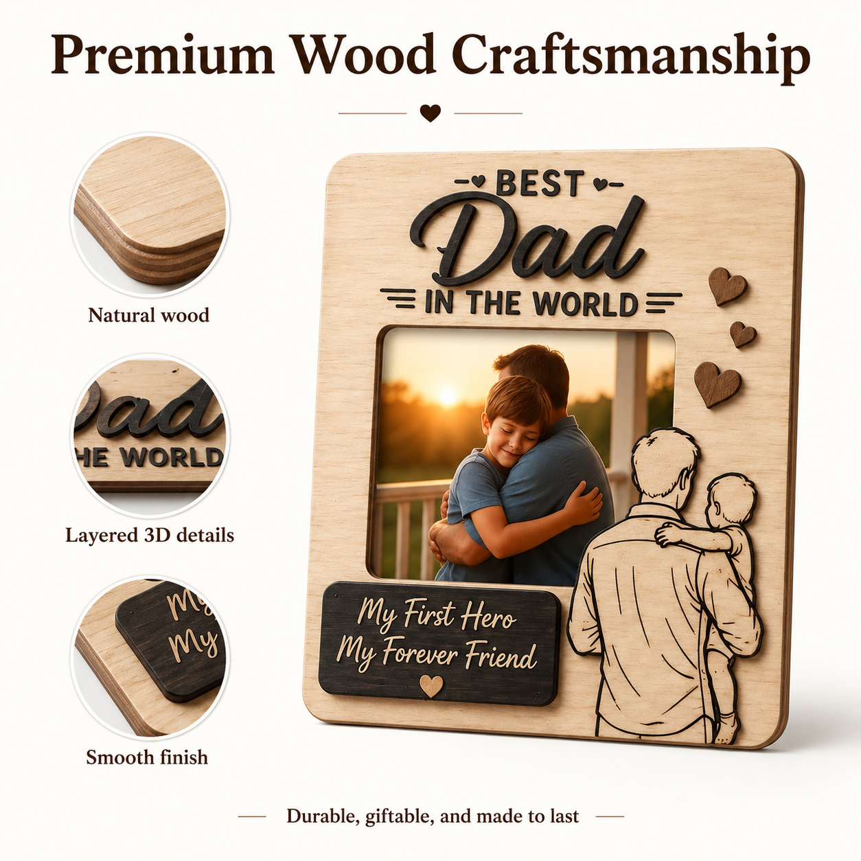 Father’s Day Wooden Photo Frame – Best Dad Series (Classic 3D Carved & Fun Cartoon Style)