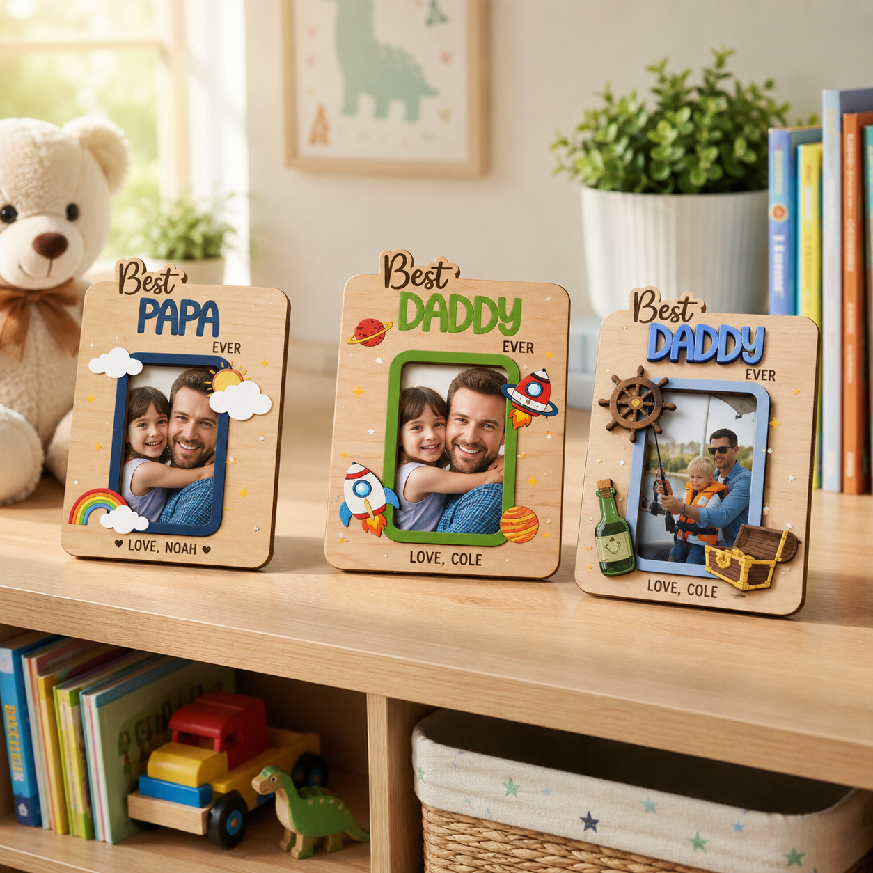 Father’s Day Wooden Photo Frame – Best Dad Series (Classic 3D Carved & Fun Cartoon Style)