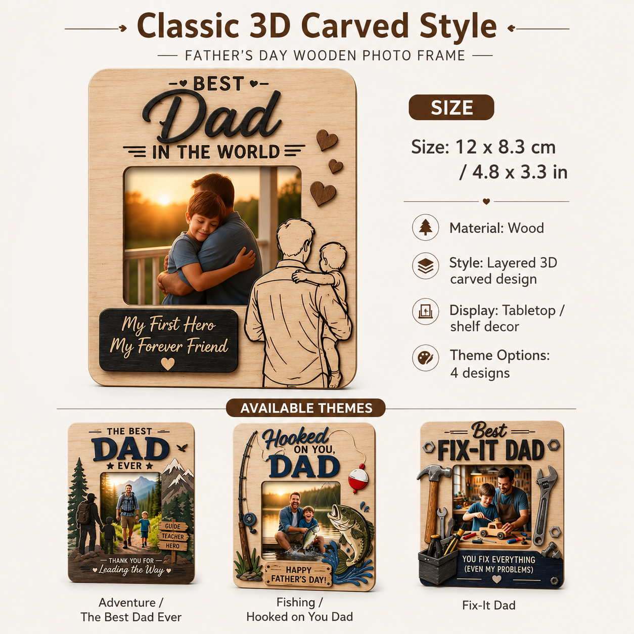 Father’s Day Wooden Photo Frame – Best Dad Series (Classic 3D Carved & Fun Cartoon Style)
