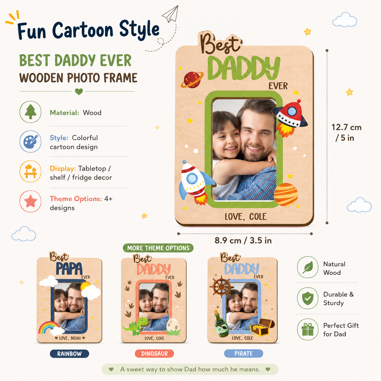 Father’s Day Wooden Photo Frame – Best Dad Series (Classic 3D Carved & Fun Cartoon Style)