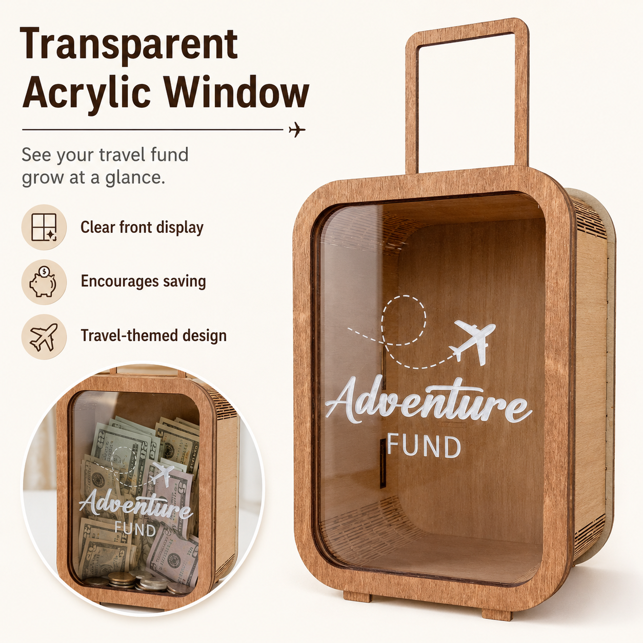 Travel Adventure Money Box – Wooden Creative Savings Jar