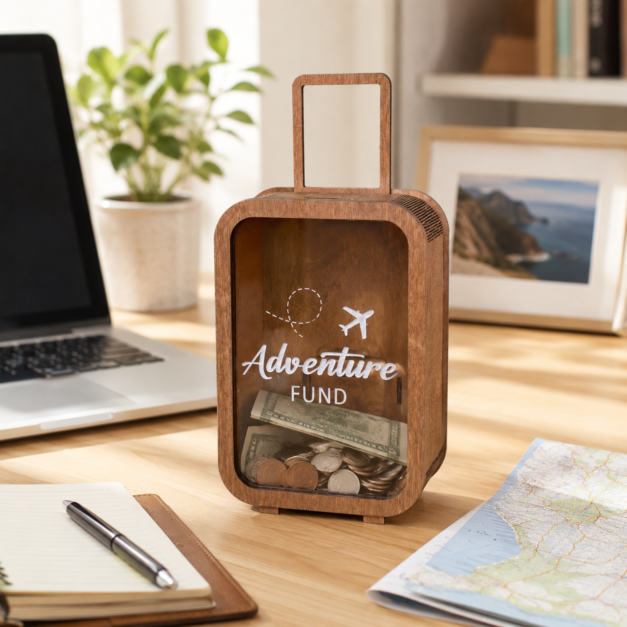 Travel Adventure Money Box – Wooden Creative Savings Jar