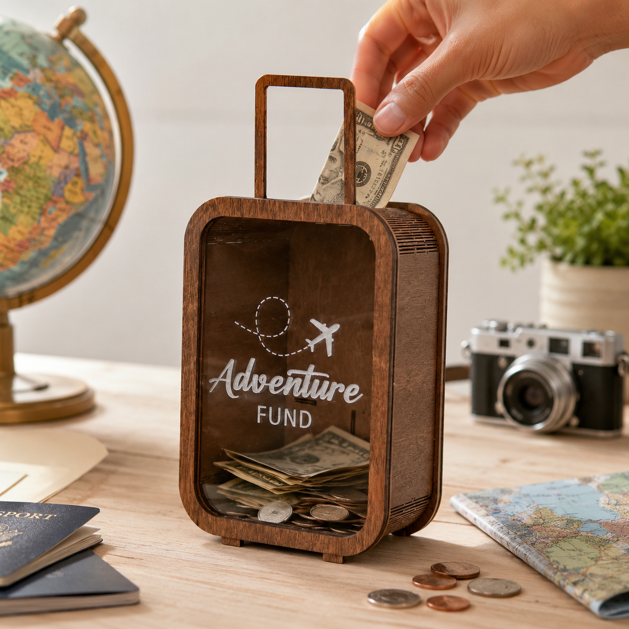 Travel Adventure Money Box – Wooden Creative Savings Jar