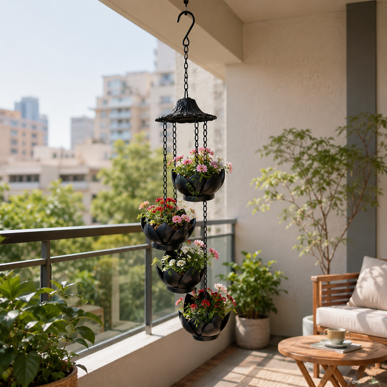 Four-Tier Hanging Flower Pot Wind Chime – Indoor & Outdoor Decorative Planter