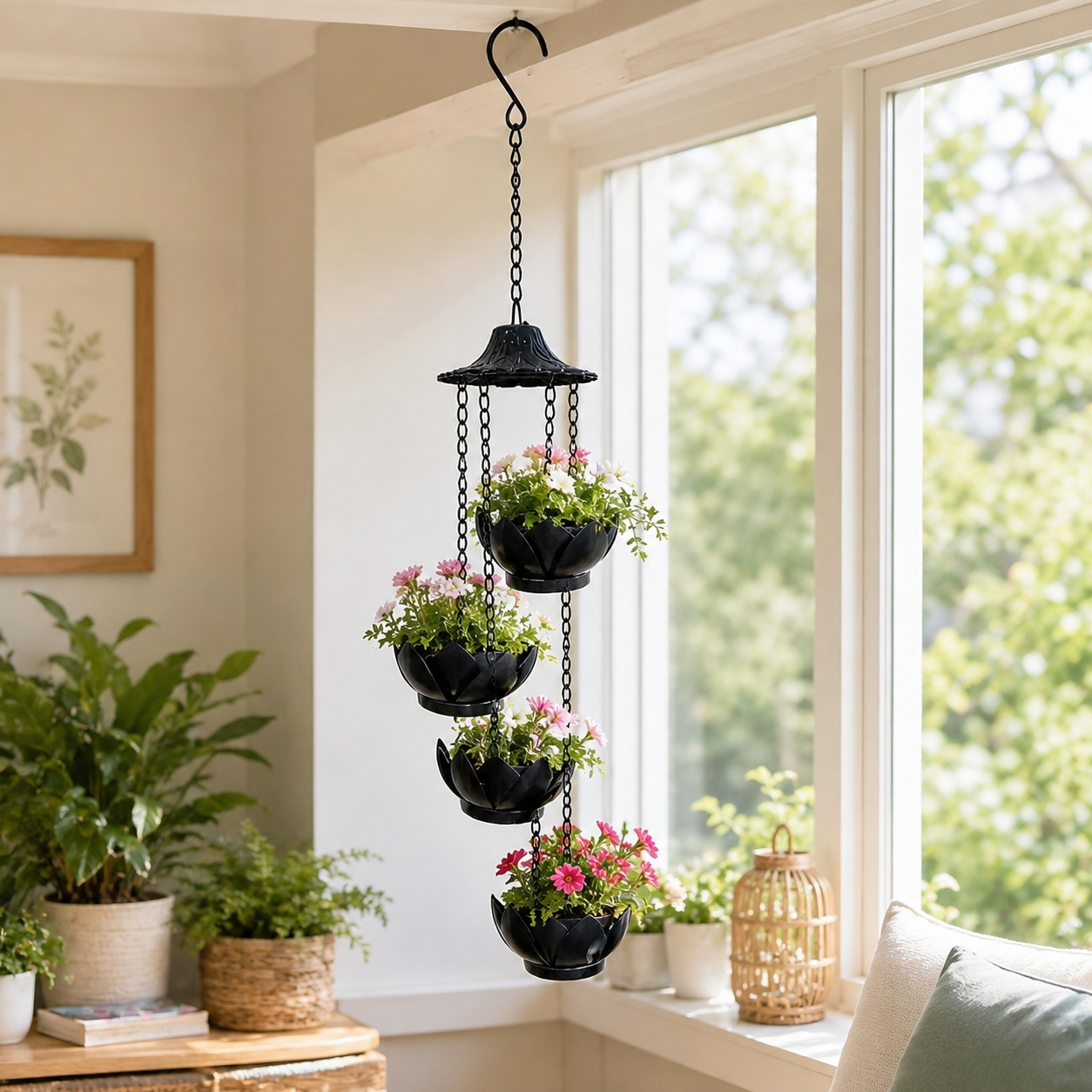 Four-Tier Hanging Flower Pot Wind Chime – Indoor & Outdoor Decorative Planter