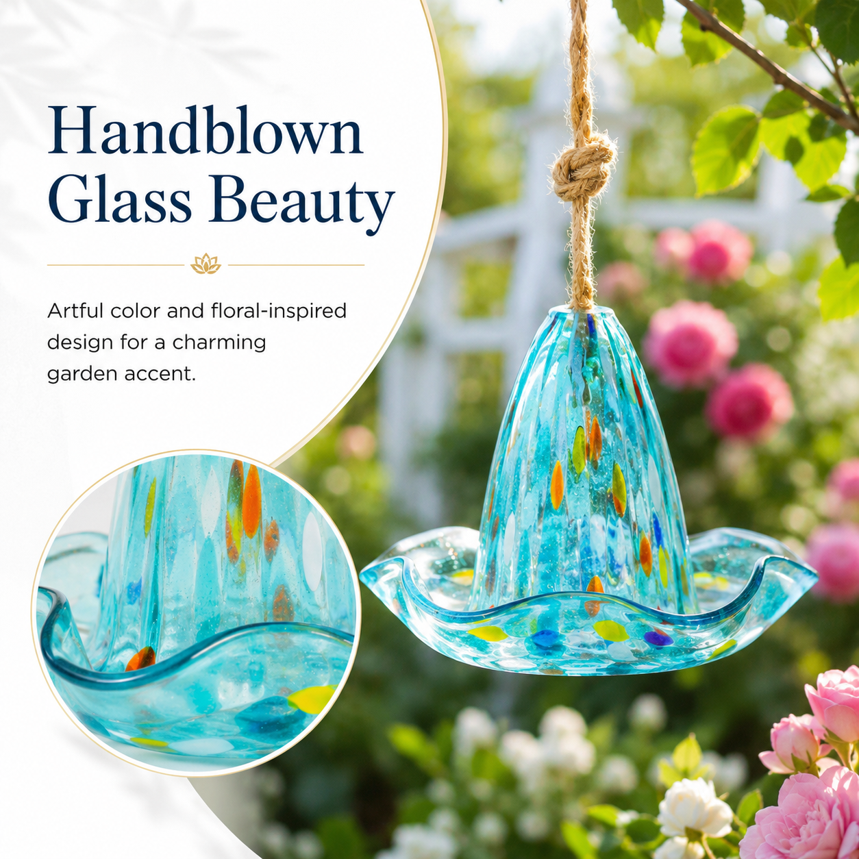 Handblown Glass Hanging Bird Feeder, 5-Style Decorative Flower-Shaped Hummingbird Feeder for Outdoor Garden, Backyard, Patio, Balcony, and Yard Decor