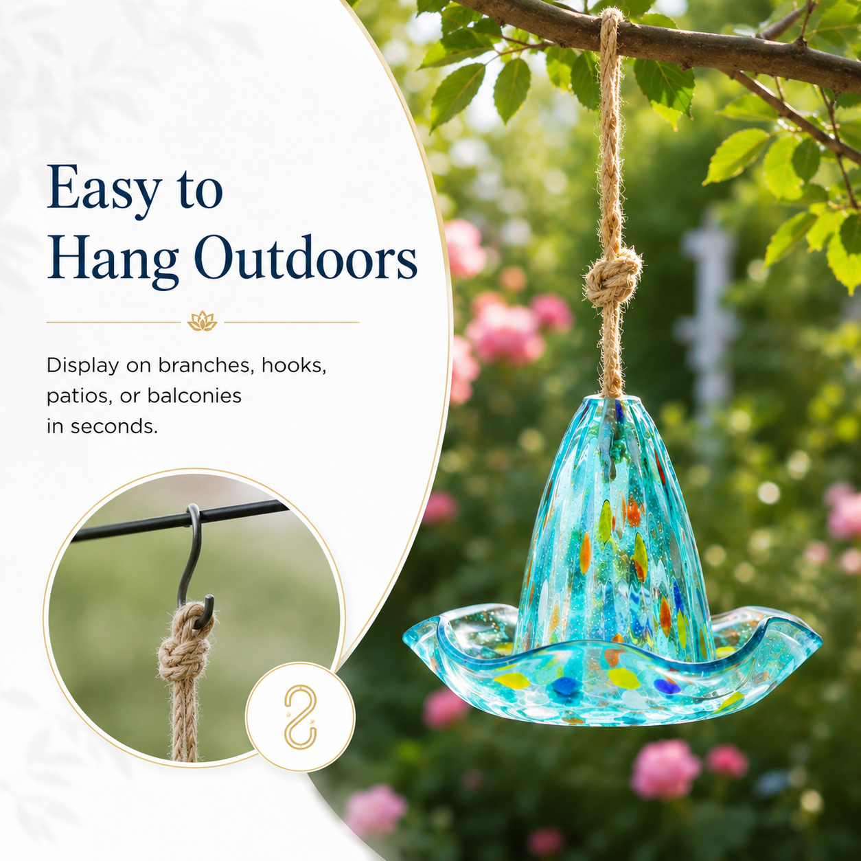 Handblown Glass Hanging Bird Feeder, 5-Style Decorative Flower-Shaped Hummingbird Feeder for Outdoor Garden, Backyard, Patio, Balcony, and Yard Decor