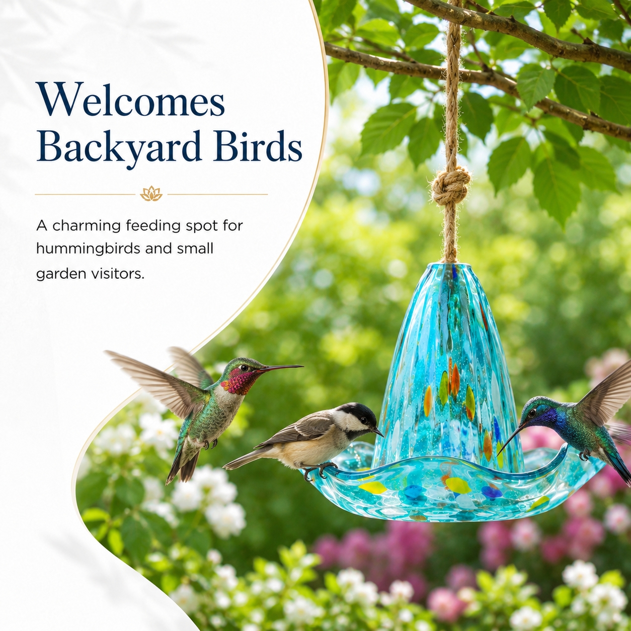 Handblown Glass Hanging Bird Feeder, 5-Style Decorative Flower-Shaped Hummingbird Feeder for Outdoor Garden, Backyard, Patio, Balcony, and Yard Decor