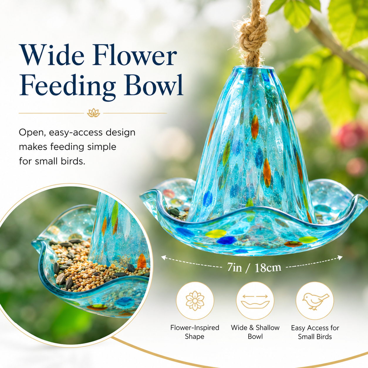 Handblown Glass Hanging Bird Feeder, 5-Style Decorative Flower-Shaped Hummingbird Feeder for Outdoor Garden, Backyard, Patio, Balcony, and Yard Decor