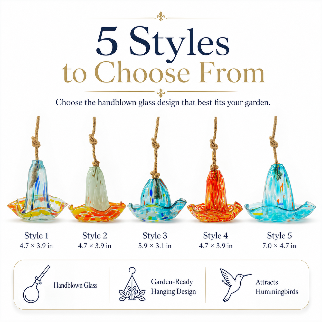 Handblown Glass Hanging Bird Feeder, 5-Style Decorative Flower-Shaped Hummingbird Feeder for Outdoor Garden, Backyard, Patio, Balcony, and Yard Decor