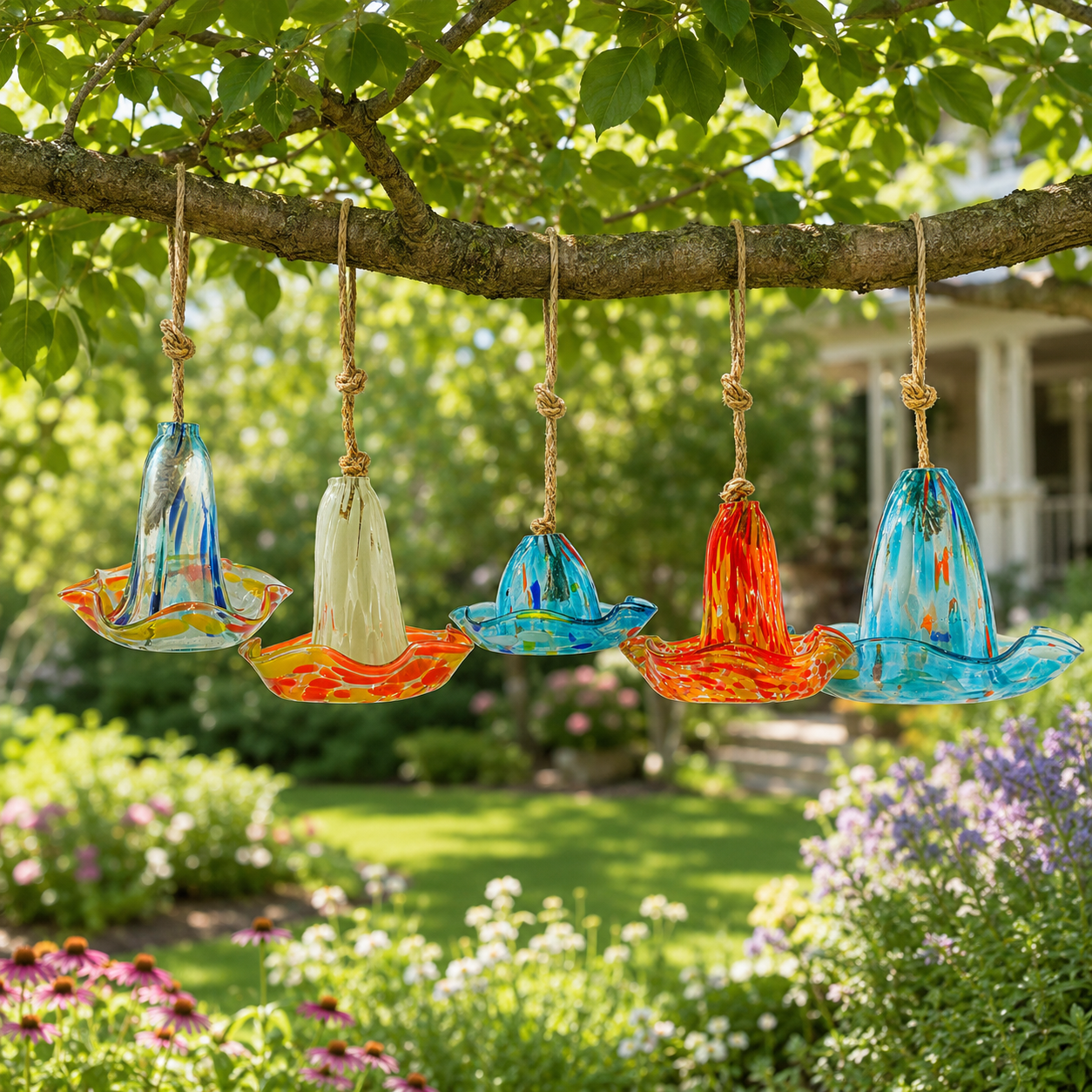 Handblown Glass Hanging Bird Feeder, 5-Style Decorative Flower-Shaped Hummingbird Feeder for Outdoor Garden, Backyard, Patio, Balcony, and Yard Decor