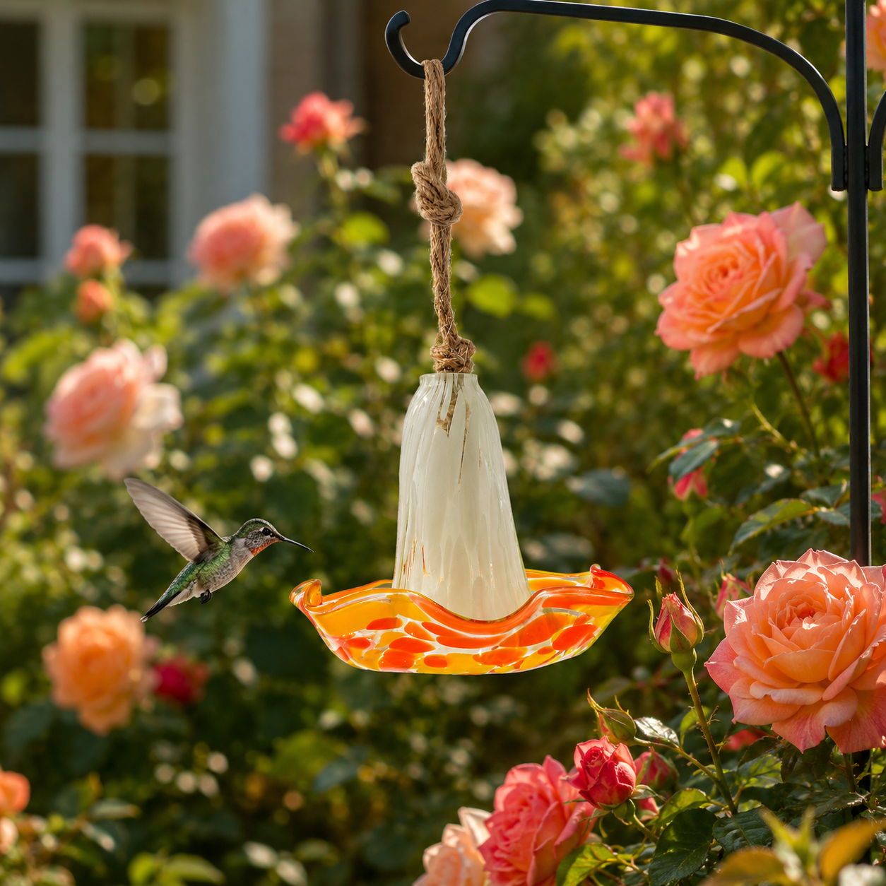Handblown Glass Hanging Bird Feeder, 5-Style Decorative Flower-Shaped Hummingbird Feeder for Outdoor Garden, Backyard, Patio, Balcony, and Yard Decor