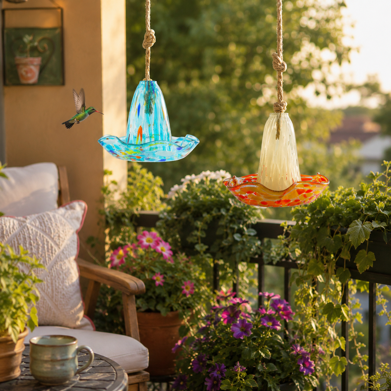 Handblown Glass Hanging Bird Feeder, 5-Style Decorative Flower-Shaped Hummingbird Feeder for Outdoor Garden, Backyard, Patio, Balcony, and Yard Decor