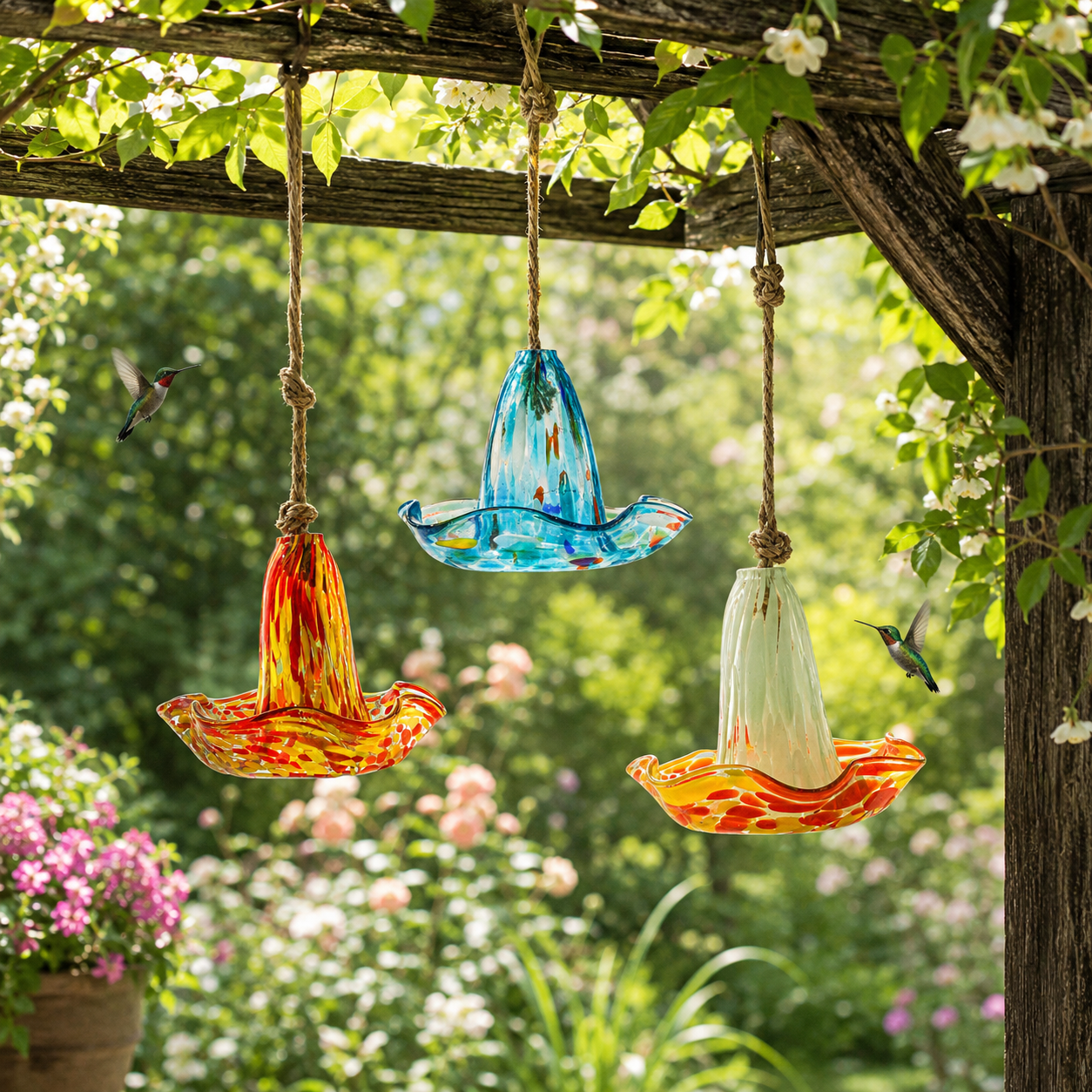 Handblown Glass Hanging Bird Feeder, 5-Style Decorative Flower-Shaped Hummingbird Feeder for Outdoor Garden, Backyard, Patio, Balcony, and Yard Decor