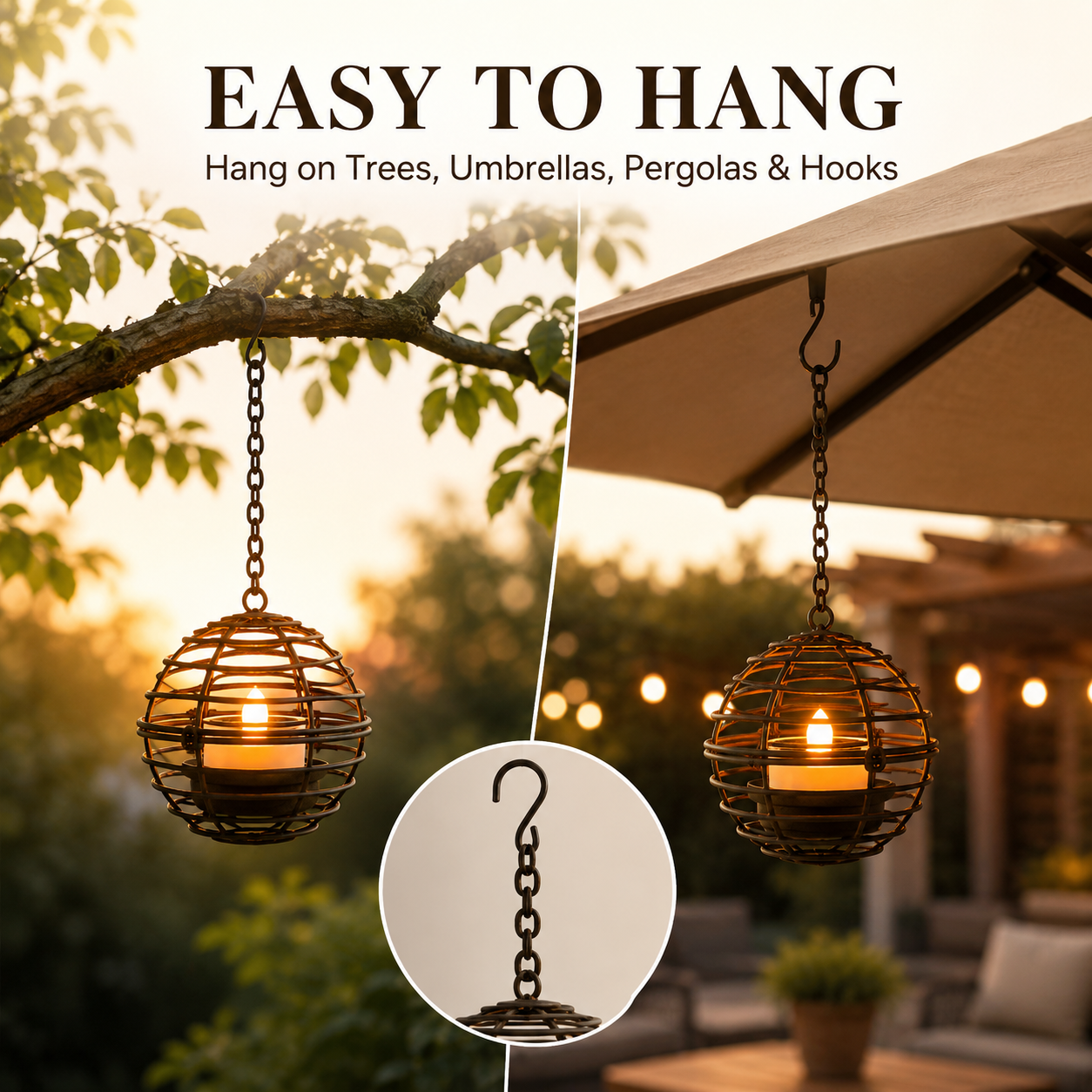 Solar Hanging Lantern Lights, Outdoor Metal Cage Tea Light Candle Lanterns with Flickering LED Flame, Waterproof Decorative Hanging Solar Lights for Patio, Garden, Yard, Porch, Tree, and Umbrella Decor