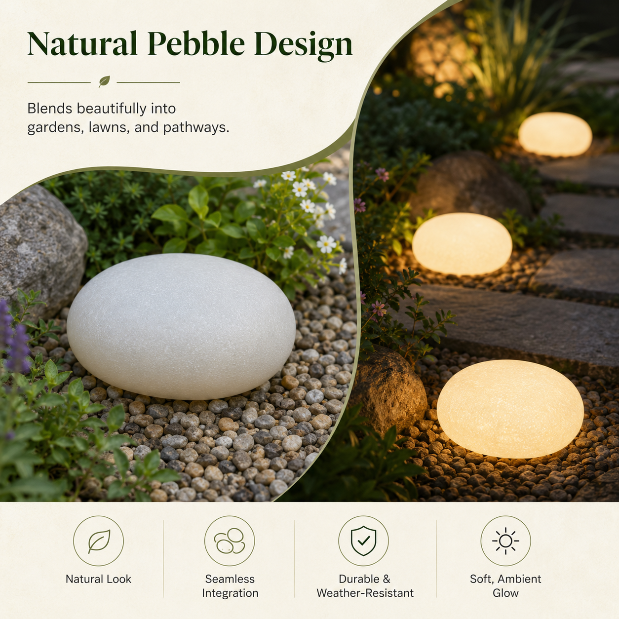 Solar Pebble Garden Lights, Outdoor Decorative Rock Lights with Hidden Solar Charging, Auto On/Off for Yard, Lawn, Patio and Walkway