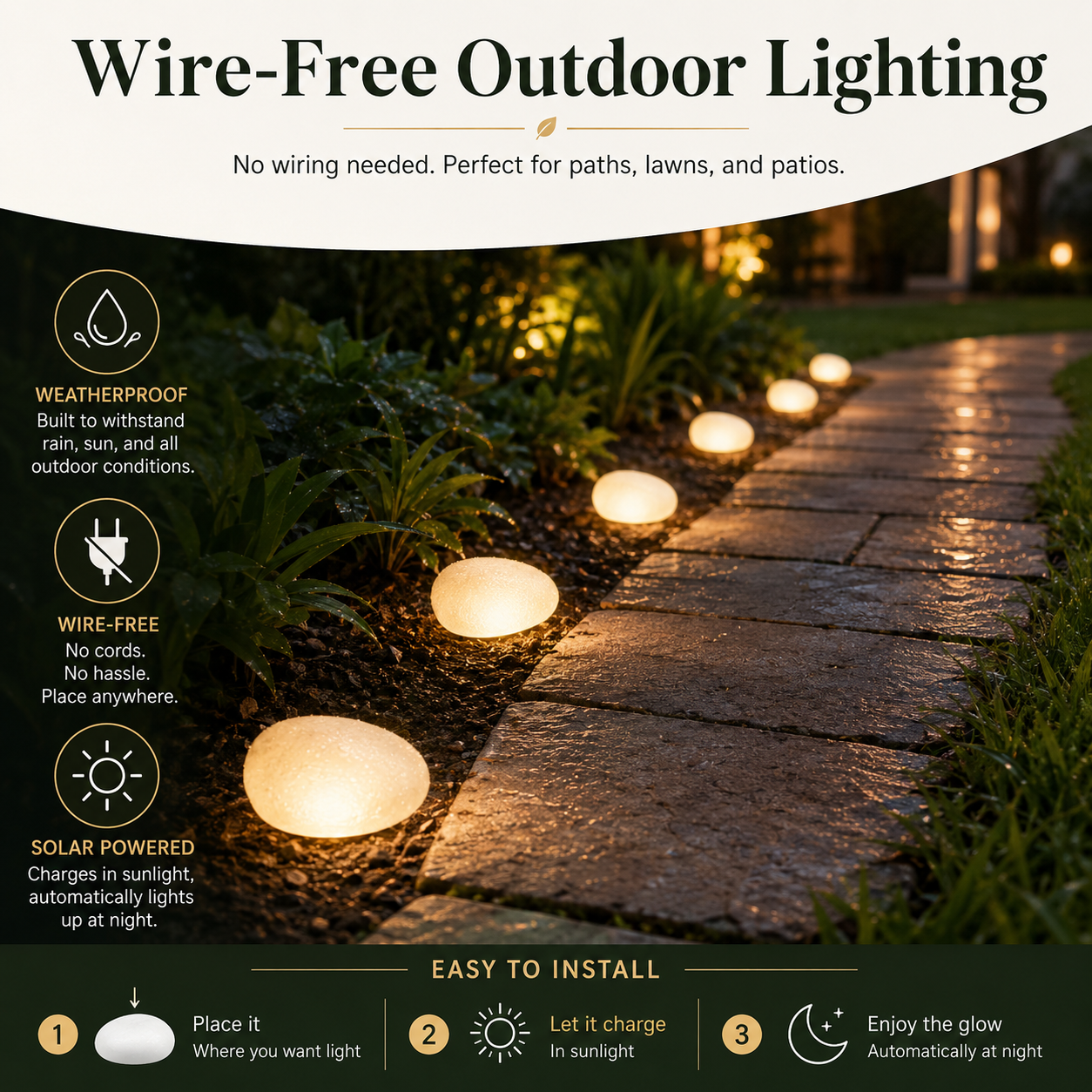 Solar Pebble Garden Lights, Outdoor Decorative Rock Lights with Hidden Solar Charging, Auto On/Off for Yard, Lawn, Patio and Walkway