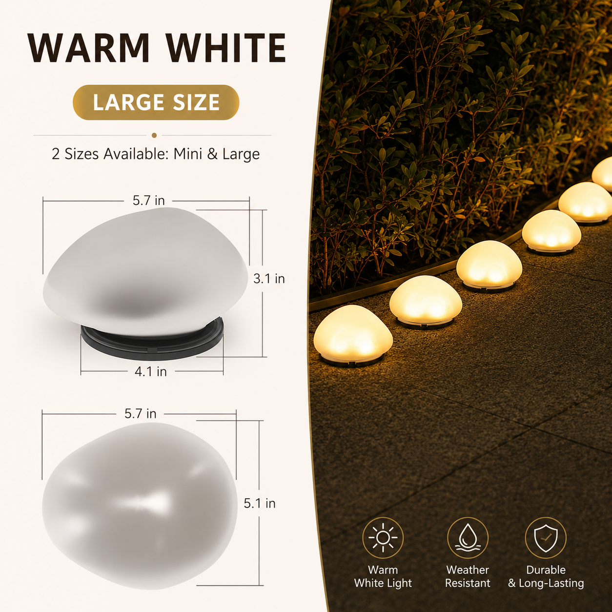 Solar Pebble Garden Lights, Outdoor Decorative Rock Lights, Available in Cool White, Warm White or Colorful Styles, Large and Small Sizes for Yard, Lawn, Patio and Pathway Decor