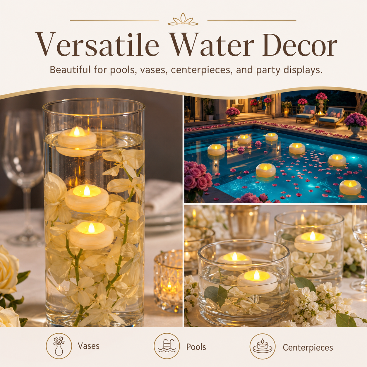 Floating LED Tea Lights Candles, Waterproof Flameless Floating Candles with Warm Yellow Flickering Light, Battery Operated Pool Candles for Bathtub, Wedding, Party, Home Decor, Pool & Spa Decorations