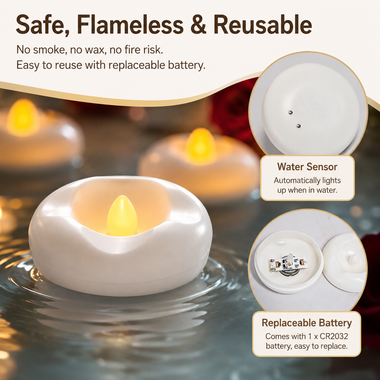 Floating LED Tea Lights Candles, Waterproof Flameless Floating Candles with Warm Yellow Flickering Light, Battery Operated Pool Candles for Bathtub, Wedding, Party, Home Decor, Pool & Spa Decorations