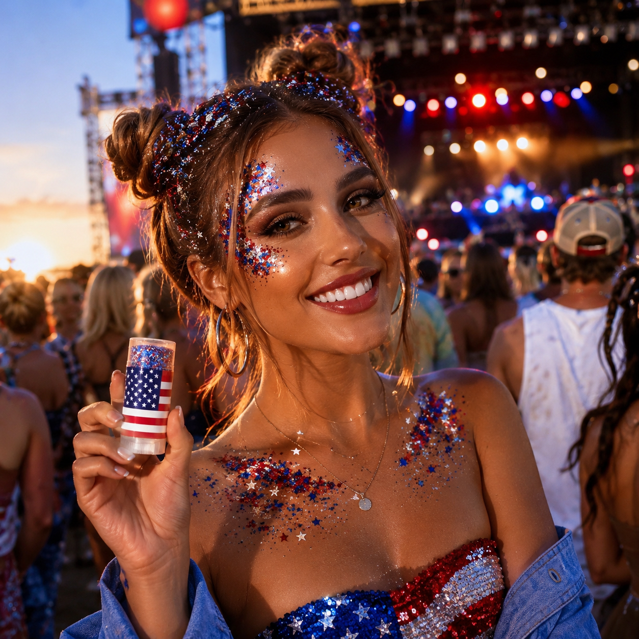 Red White Blue Glitter Stick for Face, Hair & Body, 4th of July Patriotic Body Glitter Balm, Easy Apply Washable Sparkle Makeup Stick for Parties, Festivals, Independence Day, Concerts & Holiday Celebrations