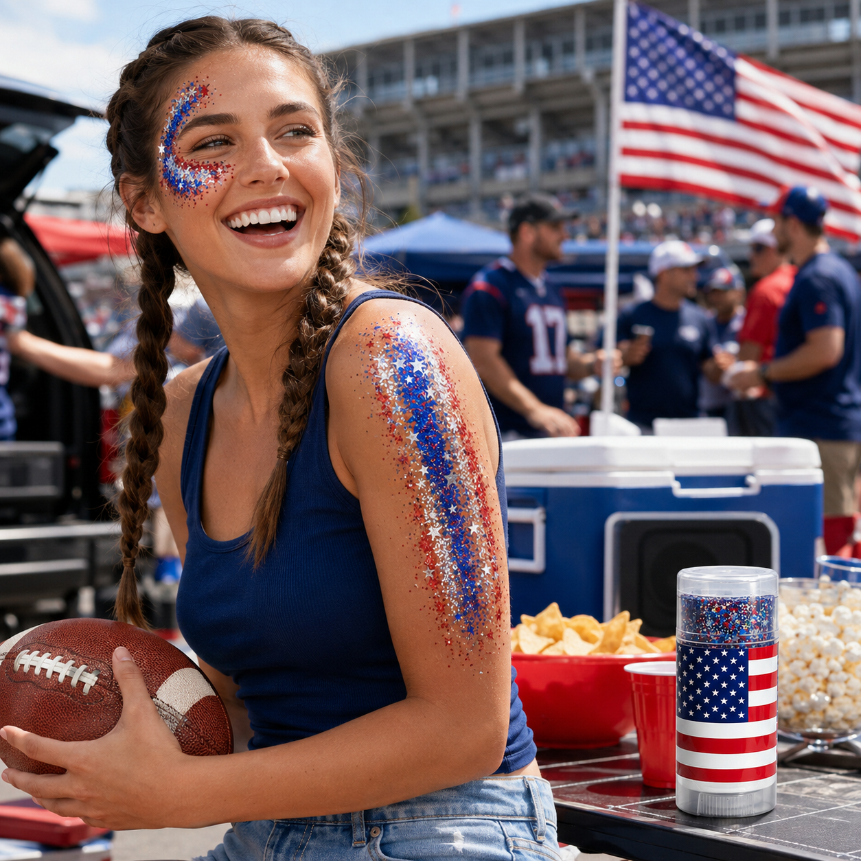 Red White Blue Glitter Stick for Face, Hair & Body, 4th of July Patriotic Body Glitter Balm, Easy Apply Washable Sparkle Makeup Stick for Parties, Festivals, Independence Day, Concerts & Holiday Celebrations
