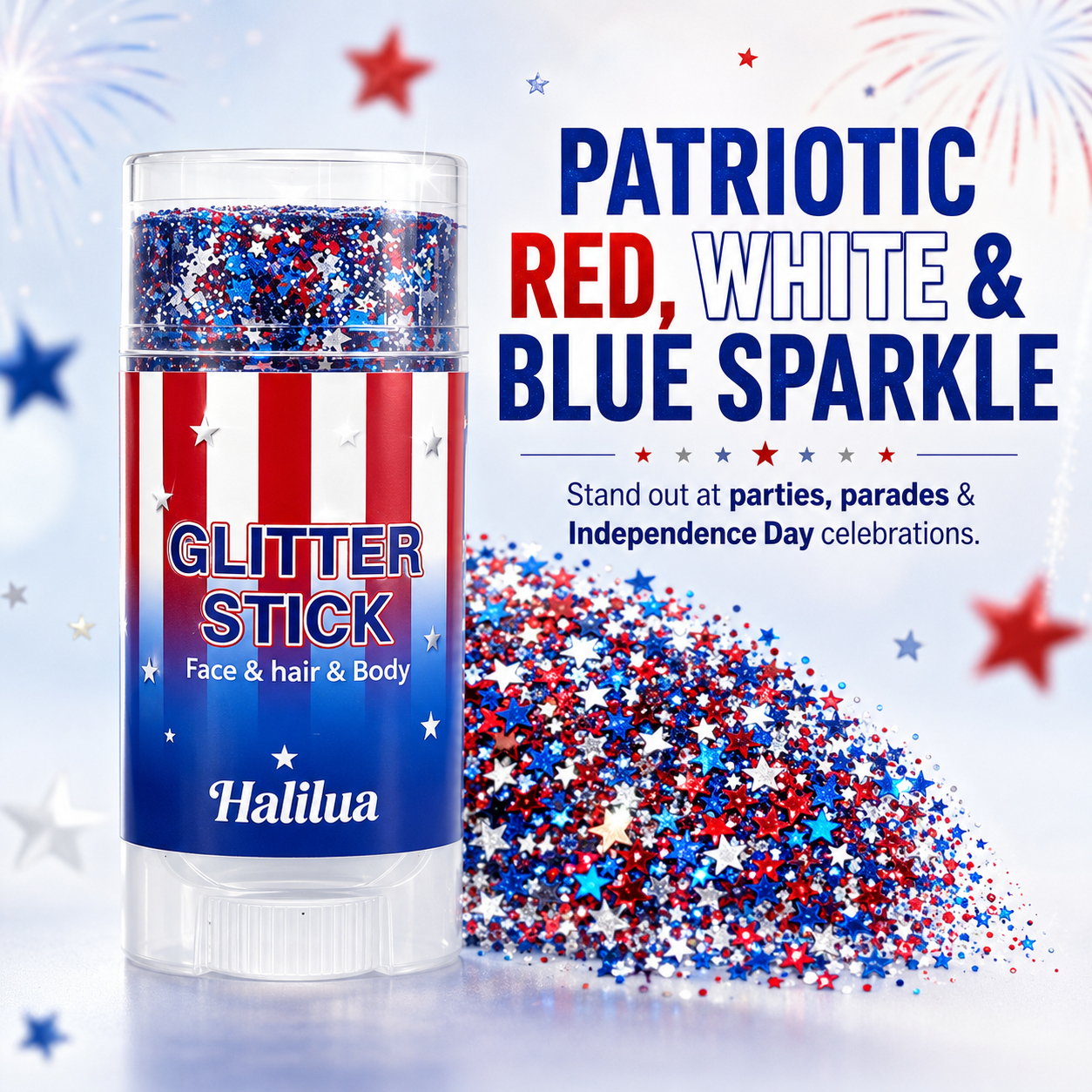 Red White Blue Glitter Stick for Face, Hair & Body, 4th of July Patriotic Body Glitter Balm, Easy Apply Washable Sparkle Makeup Stick for Parties, Festivals, Independence Day, Concerts & Holiday Celebrations