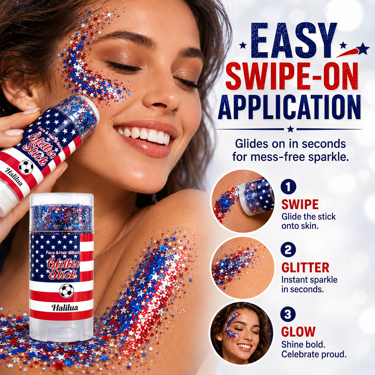 Red White Blue Glitter Stick for Face, Hair & Body, 4th of July Patriotic Body Glitter Balm, Easy Apply Washable Sparkle Makeup Stick for Parties, Festivals, Independence Day, Concerts & Holiday Celebrations