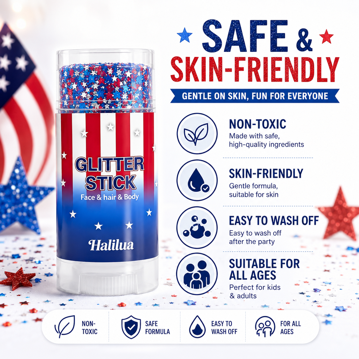 Red White Blue Glitter Stick for Face, Hair & Body, 4th of July Patriotic Body Glitter Balm, Easy Apply Washable Sparkle Makeup Stick for Parties, Festivals, Independence Day, Concerts & Holiday Celebrations