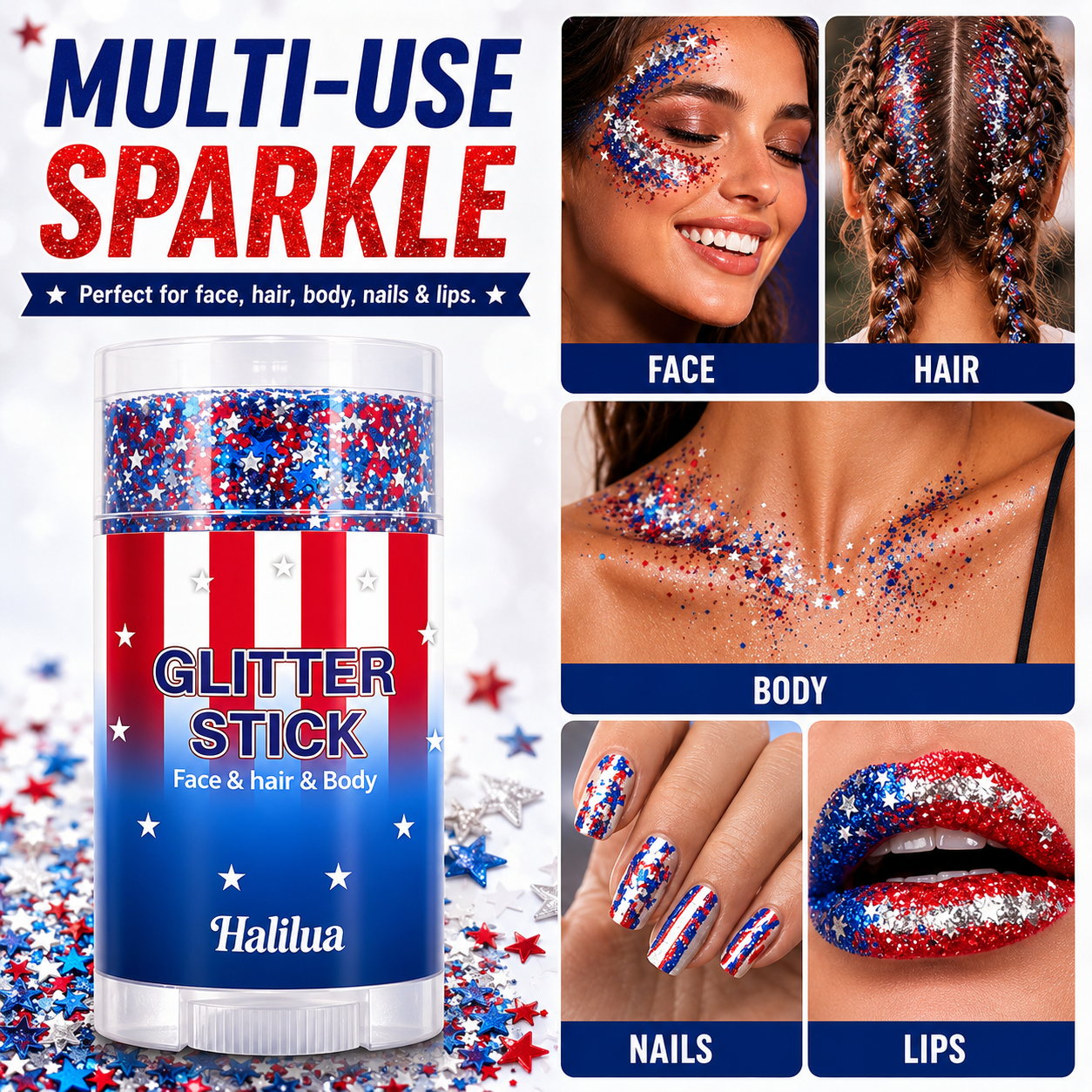 Red White Blue Glitter Stick for Face, Hair & Body, 4th of July Patriotic Body Glitter Balm, Easy Apply Washable Sparkle Makeup Stick for Parties, Festivals, Independence Day, Concerts & Holiday Celebrations