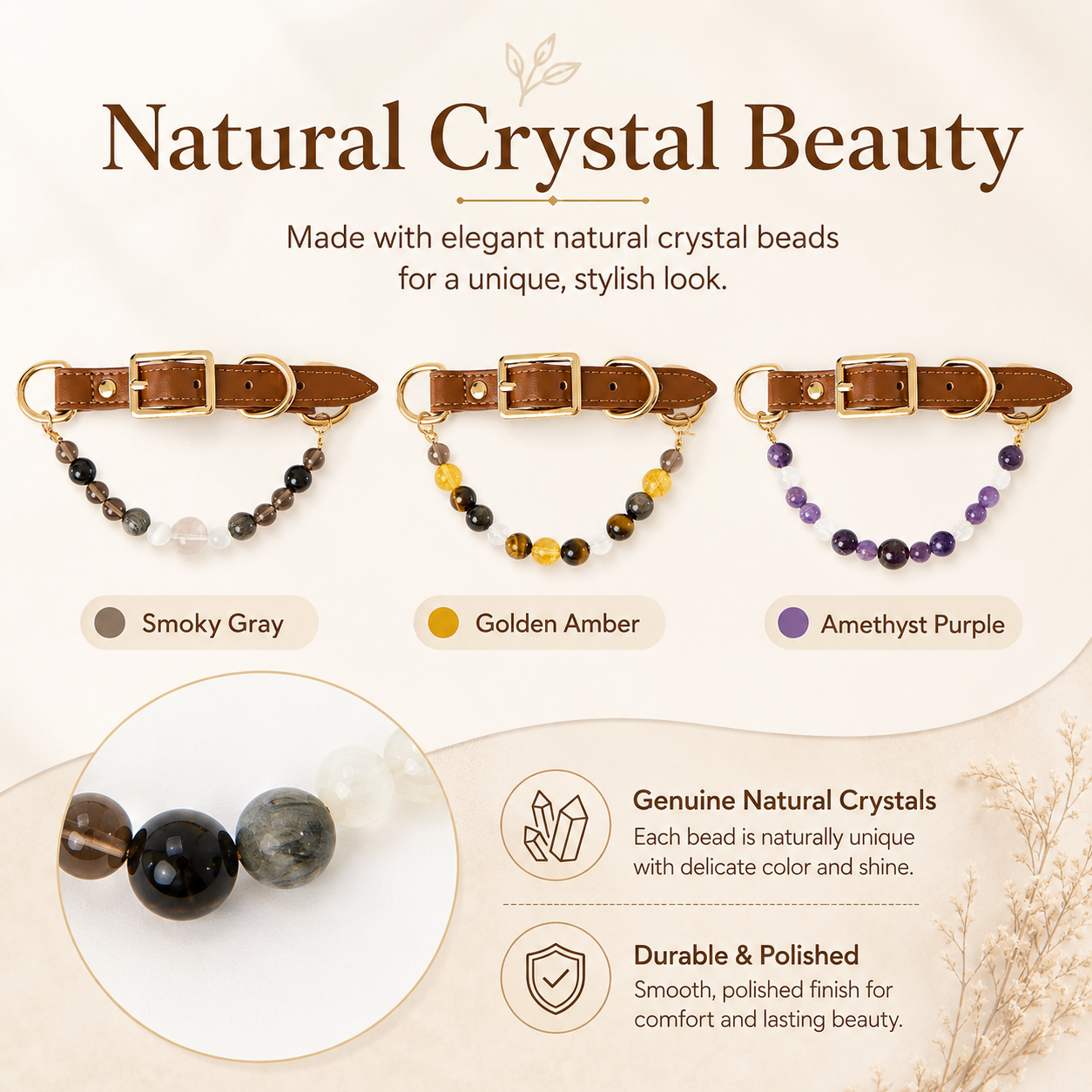 Healing-Inspired Natural Crystal Beaded Pet Necklace Collar, Adjustable Amethyst Crystal Cat & Dog Jewelry Collar with Leather-Look Strap and Gold-Tone Hardware, Decorative Pet Collar for Cats, Puppies & Small Dogs