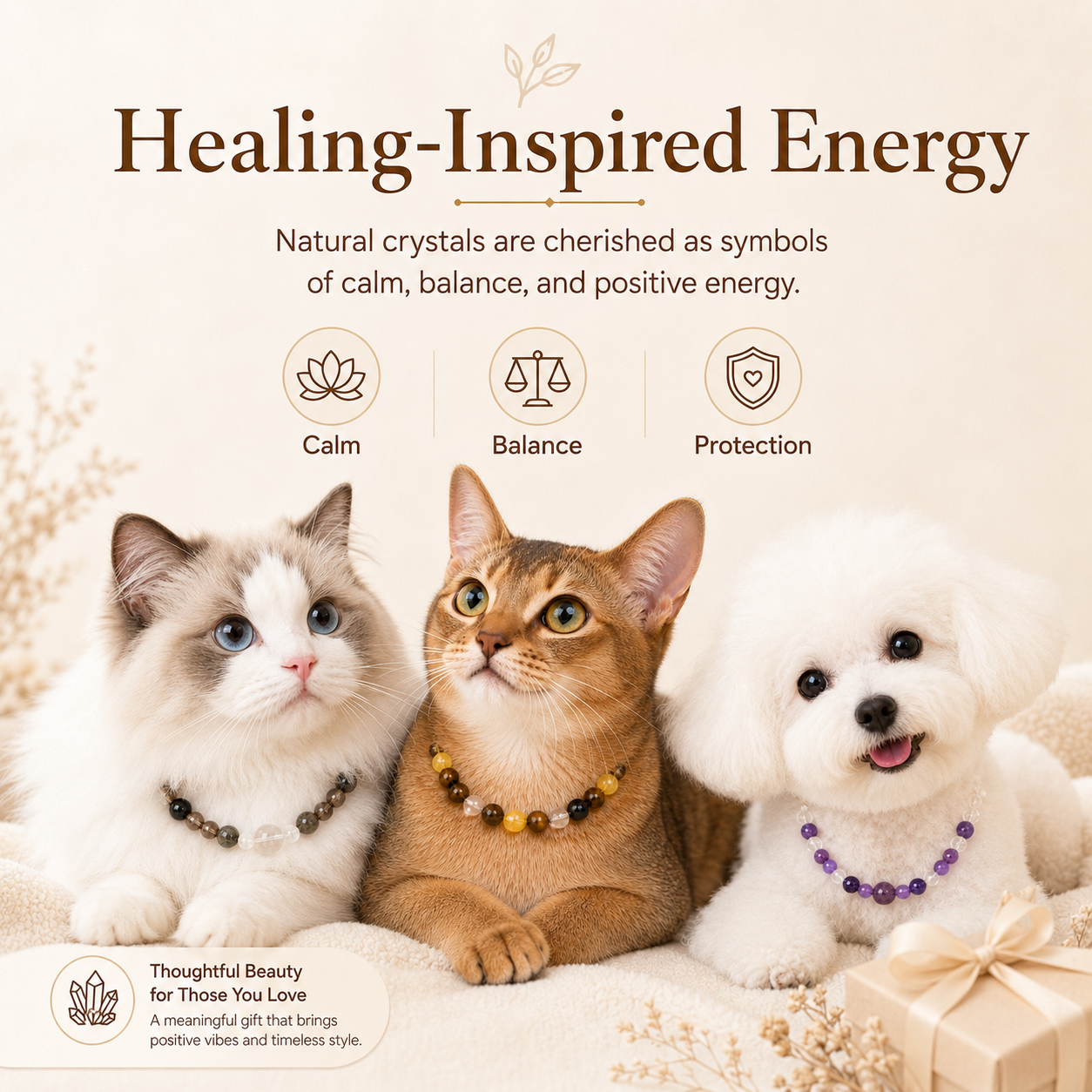 Healing-Inspired Natural Crystal Beaded Pet Necklace Collar, Adjustable Amethyst Crystal Cat & Dog Jewelry Collar with Leather-Look Strap and Gold-Tone Hardware, Decorative Pet Collar for Cats, Puppies & Small Dogs