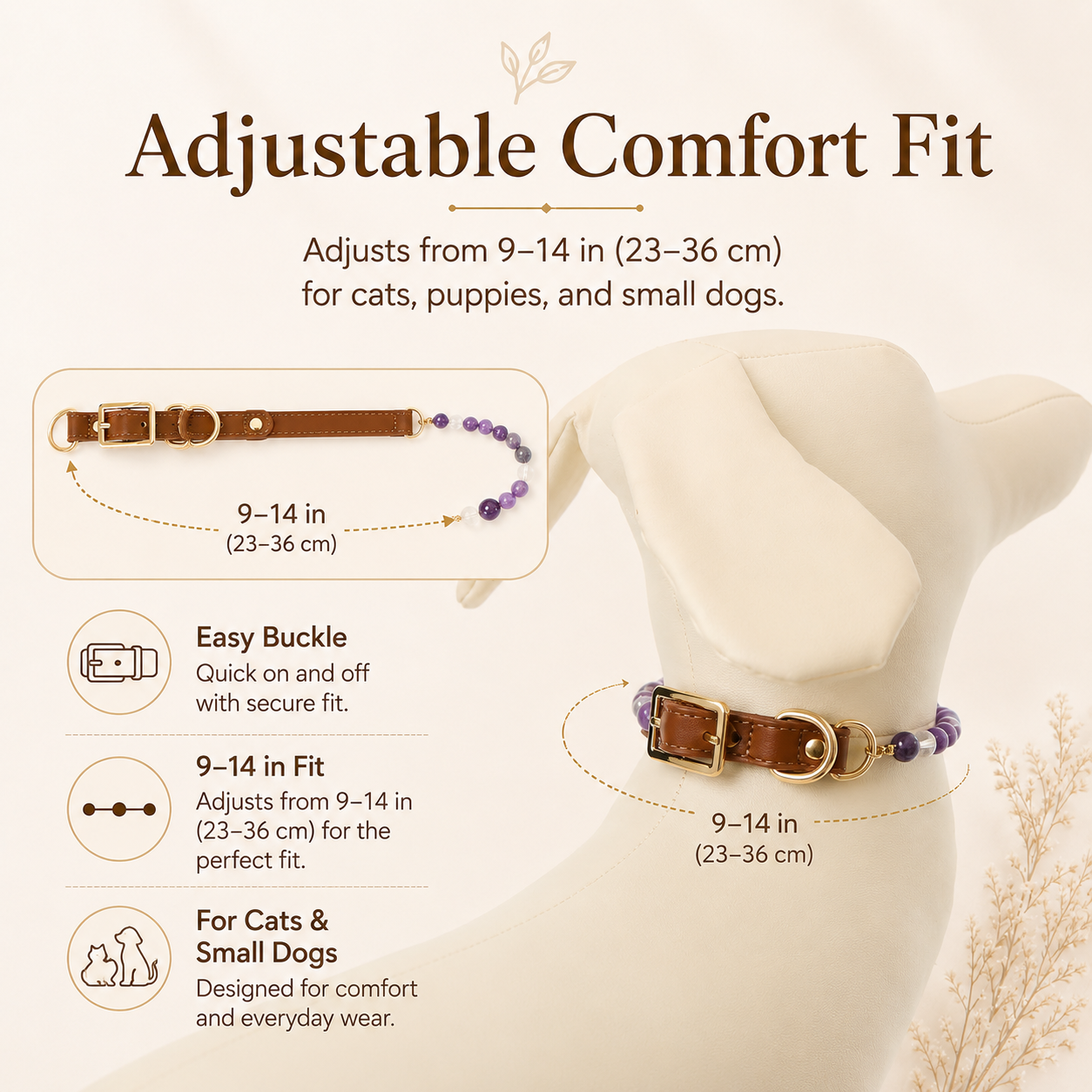 Healing-Inspired Natural Crystal Beaded Pet Necklace Collar, Adjustable Amethyst Crystal Cat & Dog Jewelry Collar with Leather-Look Strap and Gold-Tone Hardware, Decorative Pet Collar for Cats, Puppies & Small Dogs