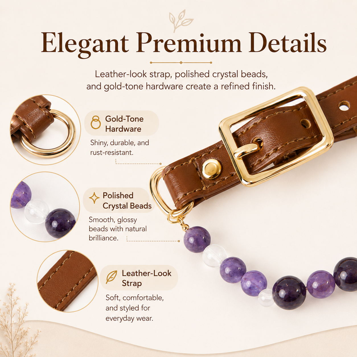 Healing-Inspired Natural Crystal Beaded Pet Necklace Collar, Adjustable Amethyst Crystal Cat & Dog Jewelry Collar with Leather-Look Strap and Gold-Tone Hardware, Decorative Pet Collar for Cats, Puppies & Small Dogs